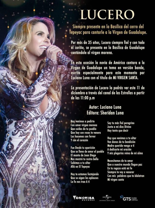 Lucero cantará Mi Virgen Santa.