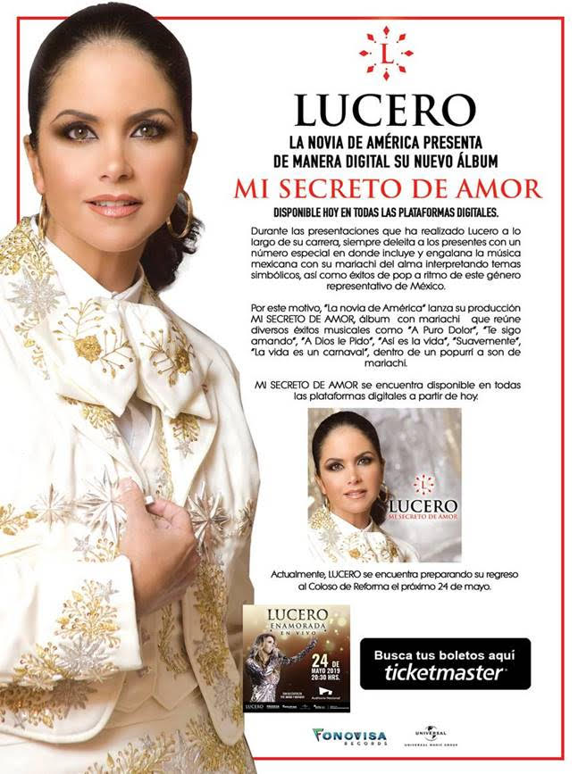 Mi Secreto De Amor fue el álbum que Lucero lanzó con mariachi durante 2011, y hoy se relanza de manera digital mundialmente.